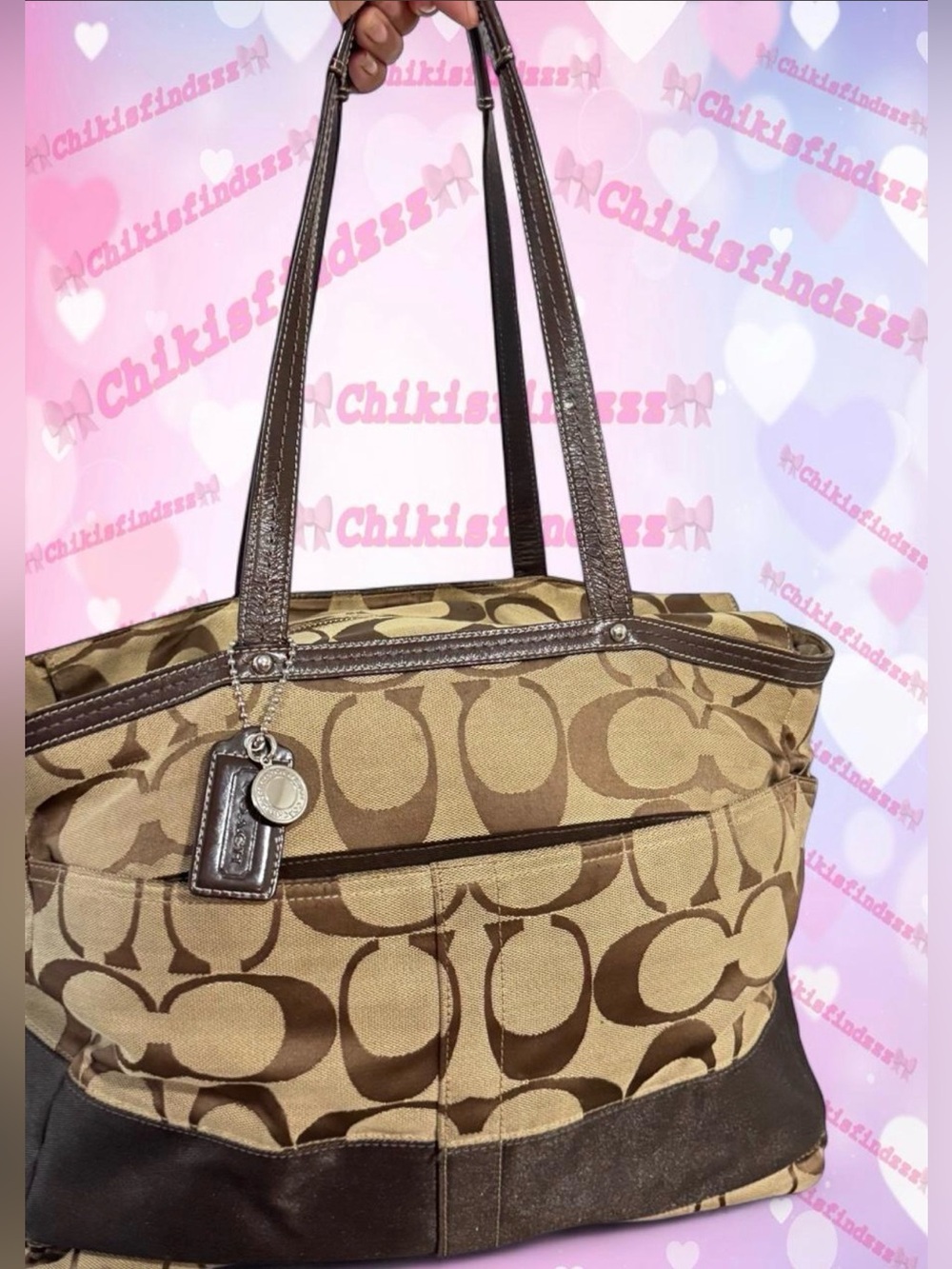 Coach Brown Signature Canvas Diaper Bag Tote with Dark Brown Leather Trim